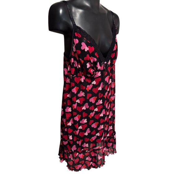 Cacique Intimates Womens Plus Size 14/16 Black Mesh Chemise Slip Pink Red Hearts - Picture 5 of 15